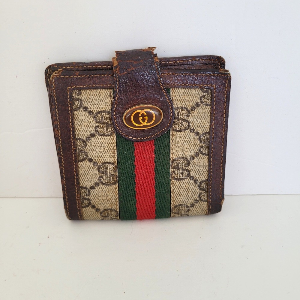 Vintage Gucci Accessory Collection Wallet GG Supreme Web Stripe Brown Leather